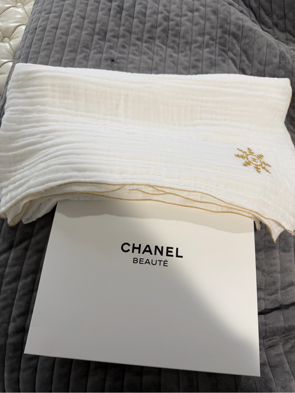 CHANEL Beaute White Scarf with Gold Embroidered Motif